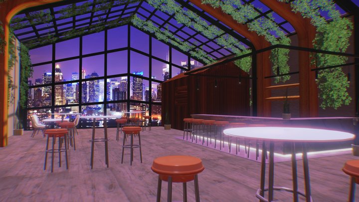 Rooftop Bar with Panoramic Window 3D Model