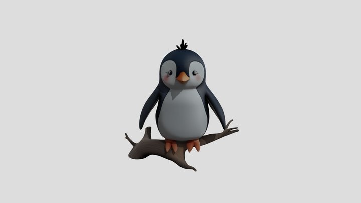 Penguin is standing on a tree branch. 3D Model