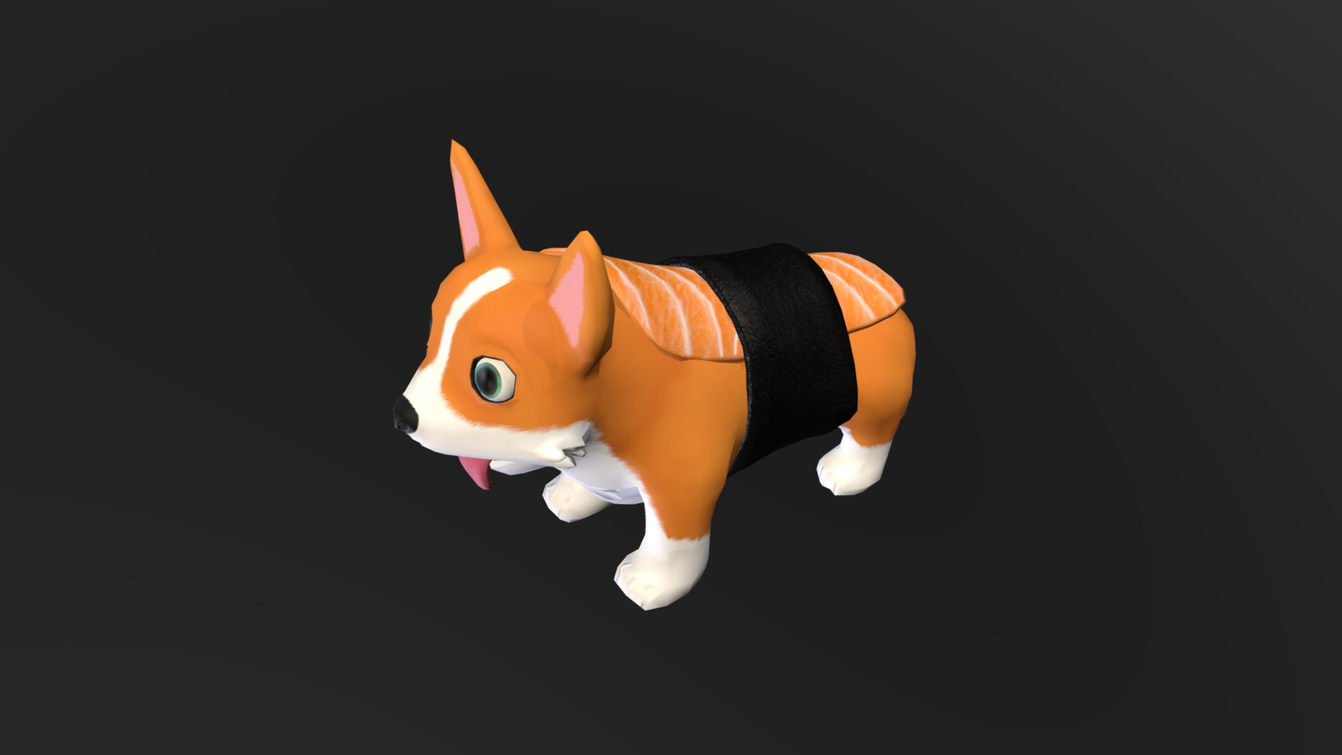 3D model Corgi – Salmon Nigiri suit - This is a 3D model of the Corgi - Salmon Nigiri suit. The 3D model is about a dog wearing a garment.