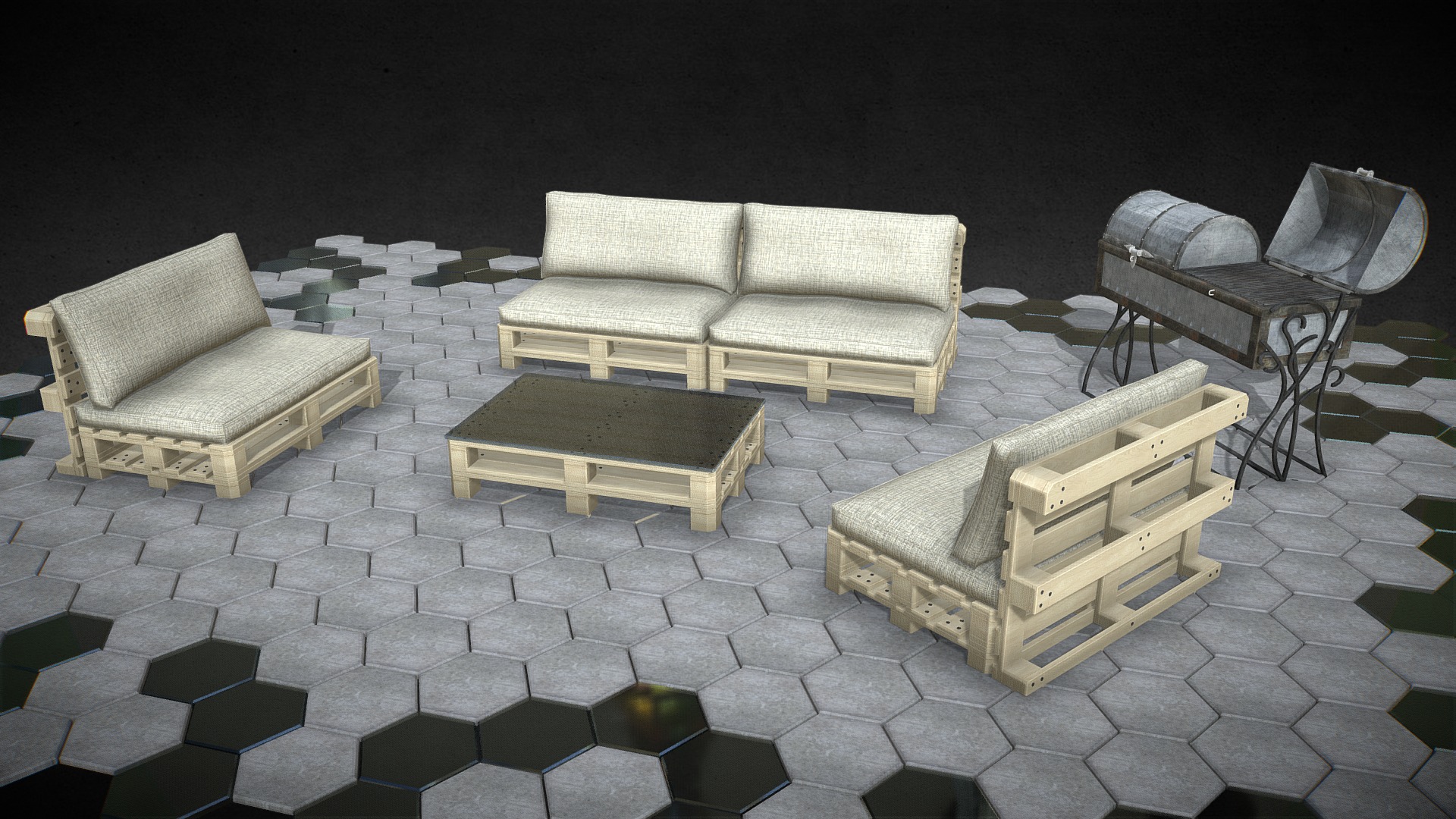3D model outdoor furniture from pallets - This is a 3D model of the outdoor furniture from pallets. The 3D model is about a group of white couches.