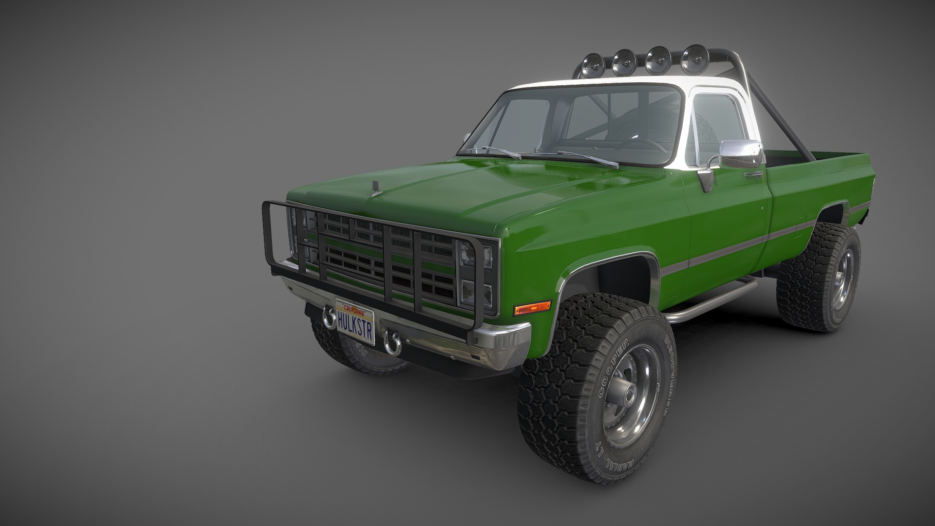 3D model Offroad pickup - This is a 3D model of the Offroad pickup. The 3D model is about a green truck with large tires.