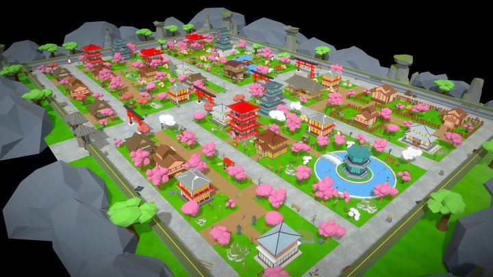 Low Poly Asian City 3D Model