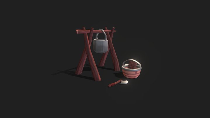 Axe, Wood Basket and Campfire 3D Model