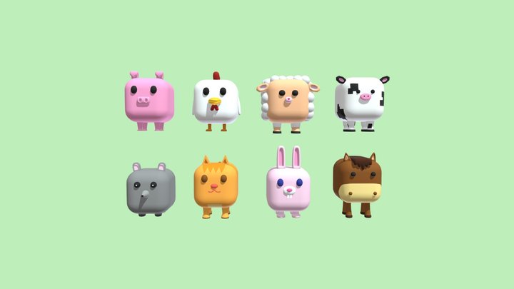 Cube Farm Animals 3D Model