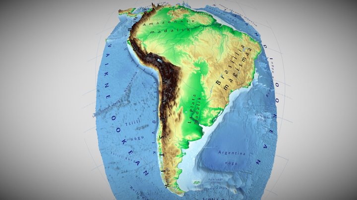 Lõuna-Ameerika füüsiline kaart nimedega 3D Model