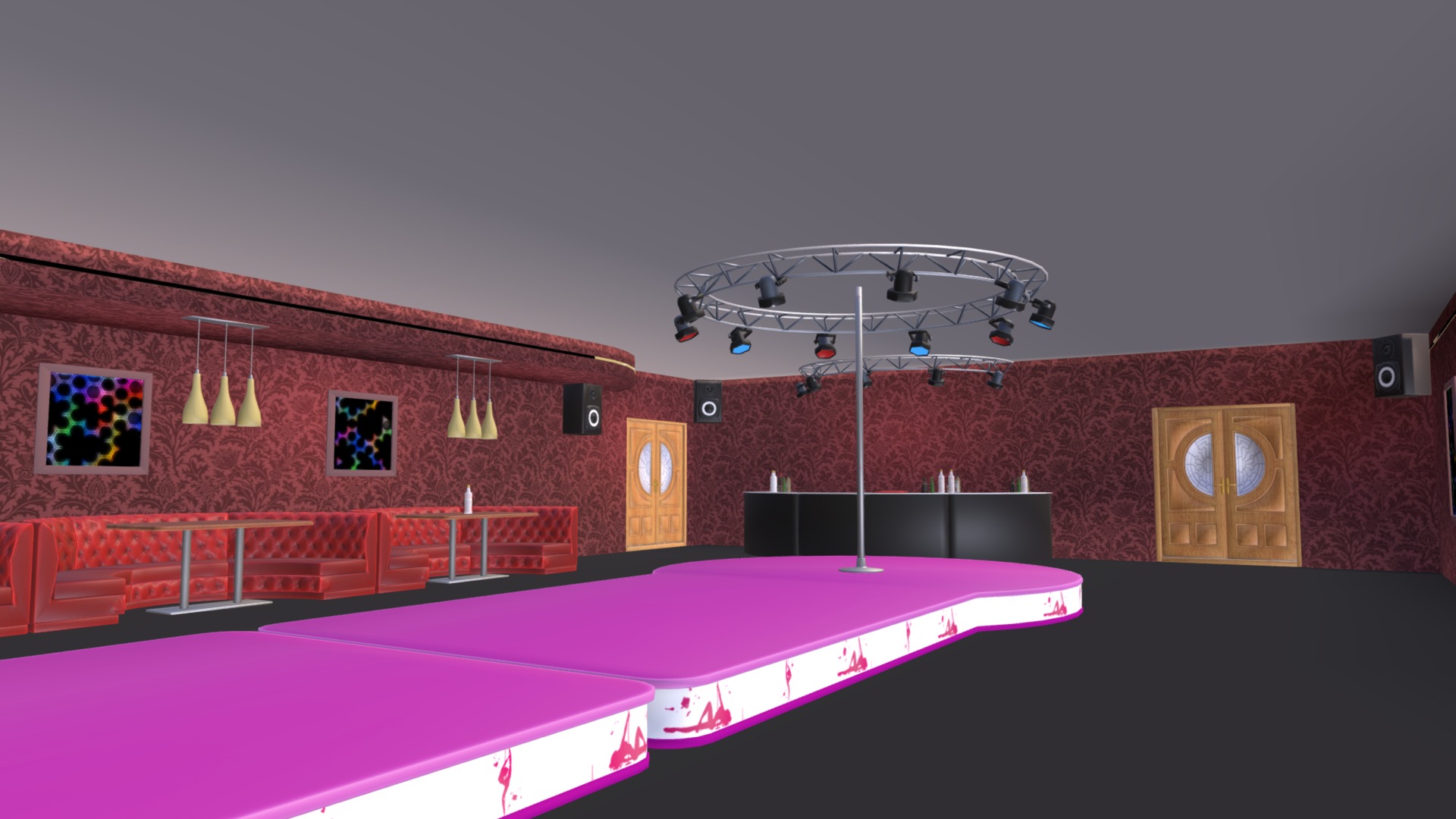 3D model Nightclub – interior and props - This is a 3D model of the Nightclub - interior and props. The 3D model is about a room with a bed and a table with a tv on it.