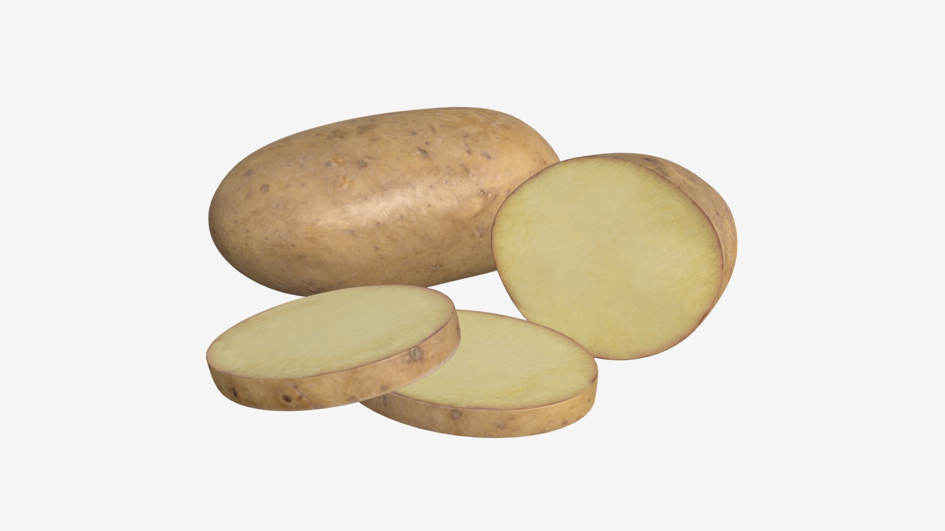 3D model Potato whole half and slices - This is a 3D model of the Potato whole half and slices. The 3D model is about a group of potatoes.