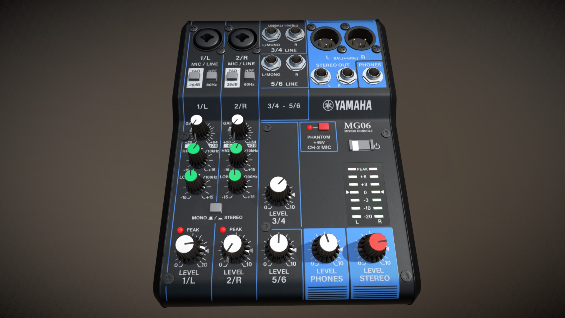 3D model Yamaha MG06 Mixer Highpoly - This is a 3D model of the Yamaha MG06 Mixer Highpoly. The 3D model is about a black rectangular object with buttons and a white and blue background.