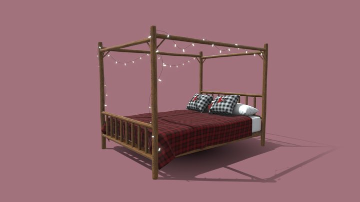Double Bed with Fairy Lights - Game-Ready 3D Model