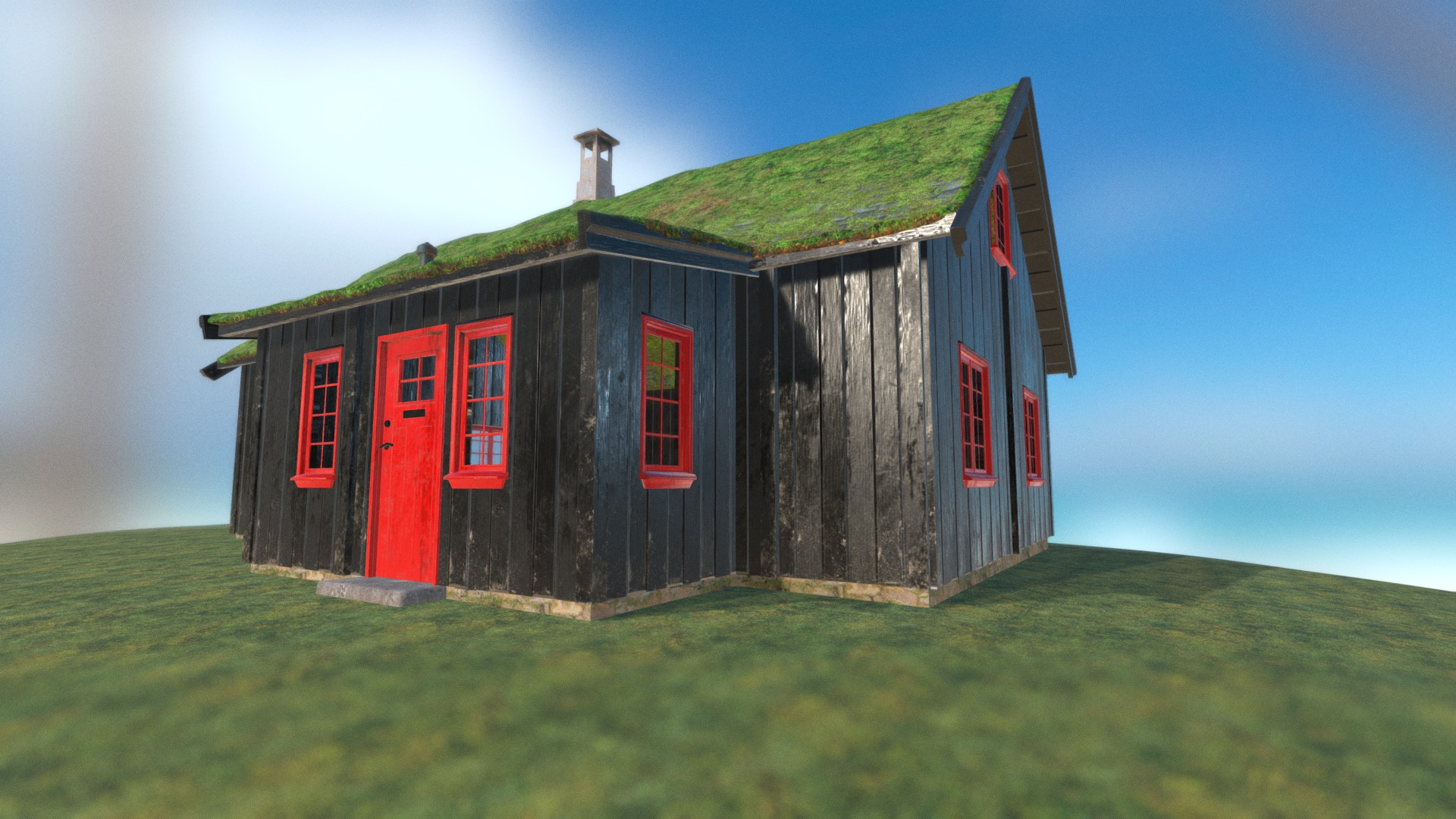 3D model Faroe Island House - This is a 3D model of the Faroe Island House. The 3D model is about a small wooden building on a grassy hill.