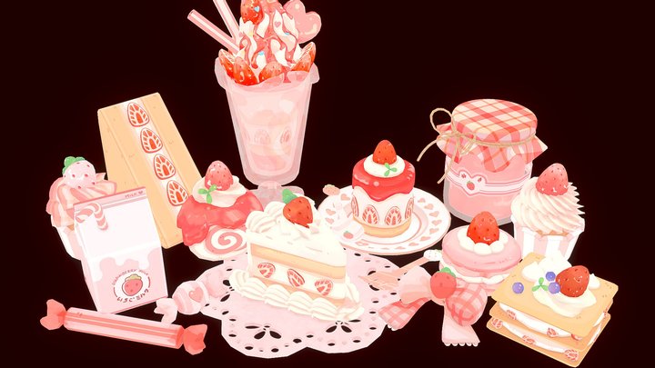 Strawberry Dessert Set 3D Model