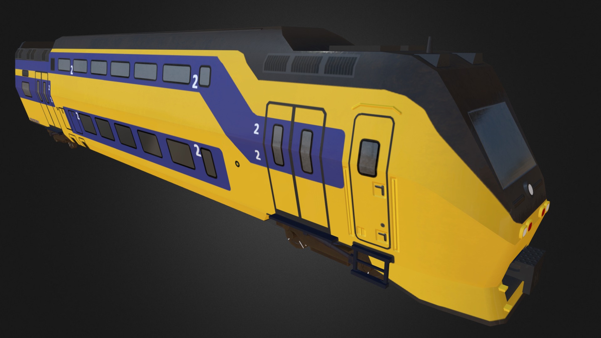 3D model Dutch Doubledecker train - This is a 3D model of the Dutch Doubledecker train. The 3D model is about a train with blue and yellow stripes.