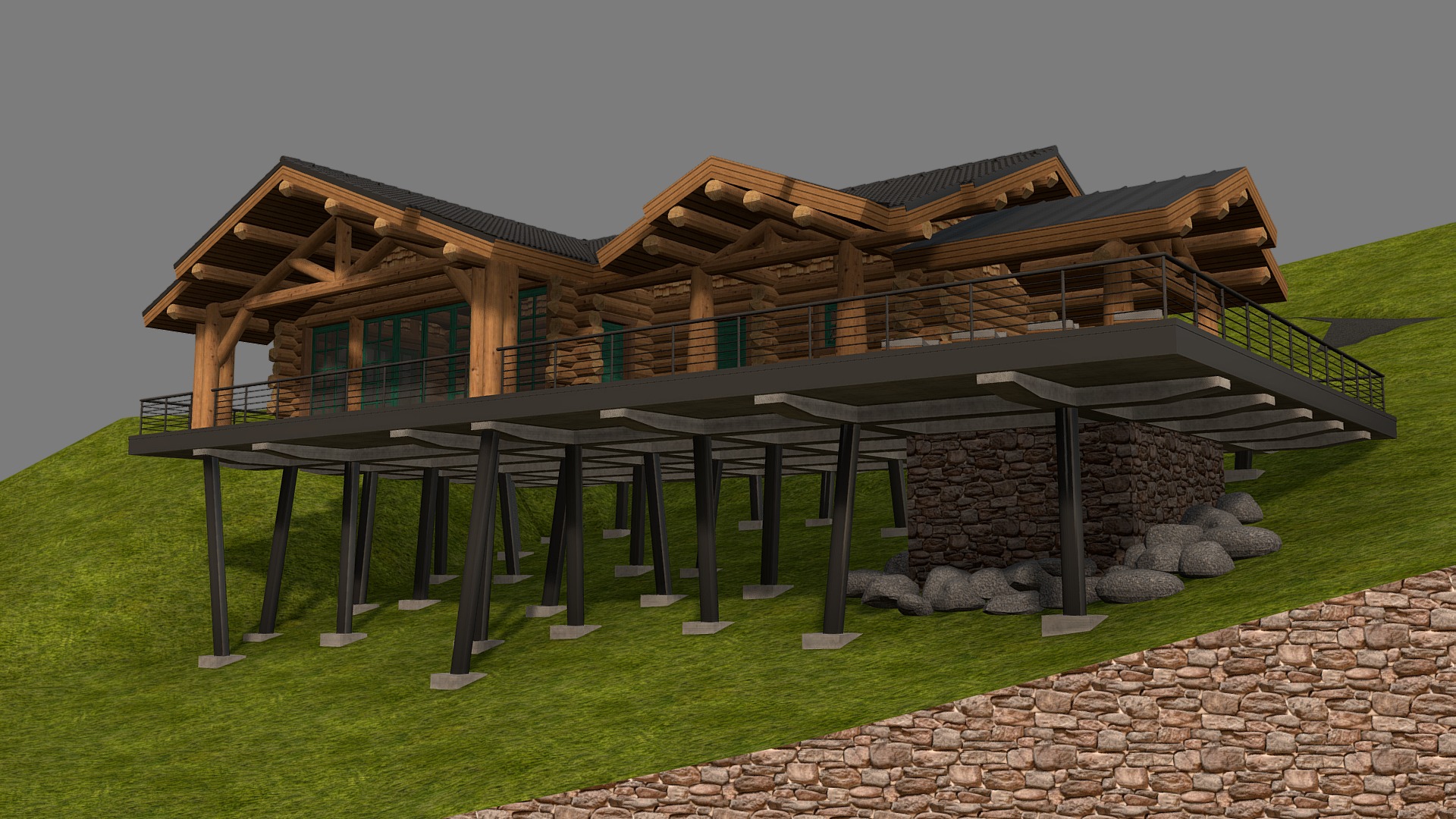 3D model Банный комплекс (Вариант№1) - This is a 3D model of the Банный комплекс (Вариант№1). The 3D model is about a house with a stone patio.