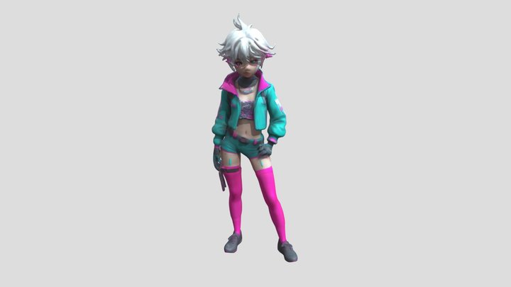sci-fi adventurer anime boy,white hair, hot pink 3D Model