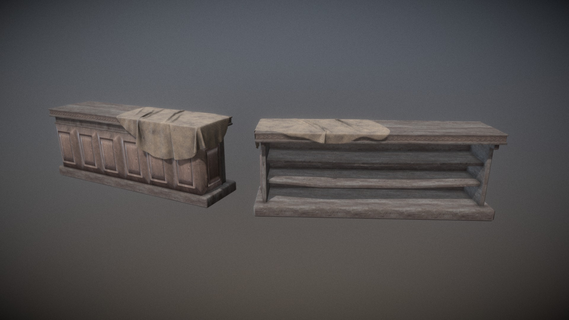 3D model Old tavern Desk + Cloth - This is a 3D model of the Old tavern Desk + Cloth. The 3D model is about a couple of wooden boxes.