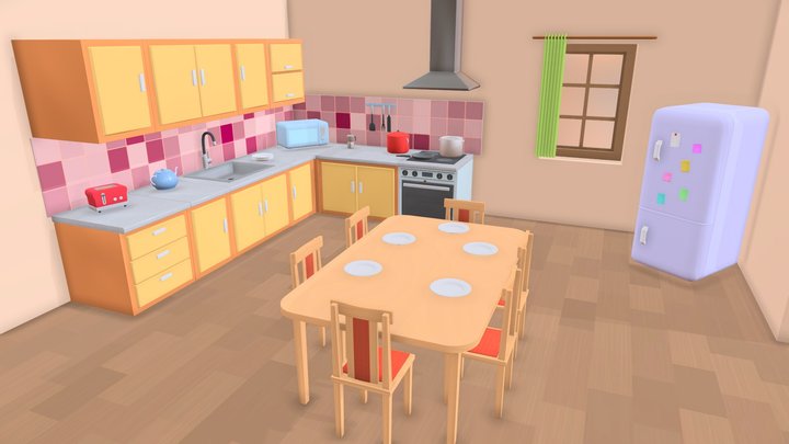 Cartoon Kitchen Interior 3D Model