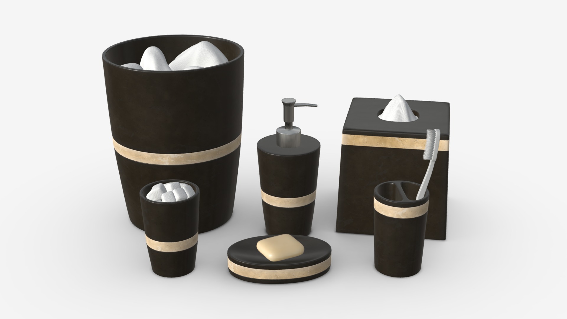 3D model Milano Bath Accessories from Austin Horn Classic - This is a 3D model of the Milano Bath Accessories from Austin Horn Classic. The 3D model is about a group of black and white cylindrical objects with white text.