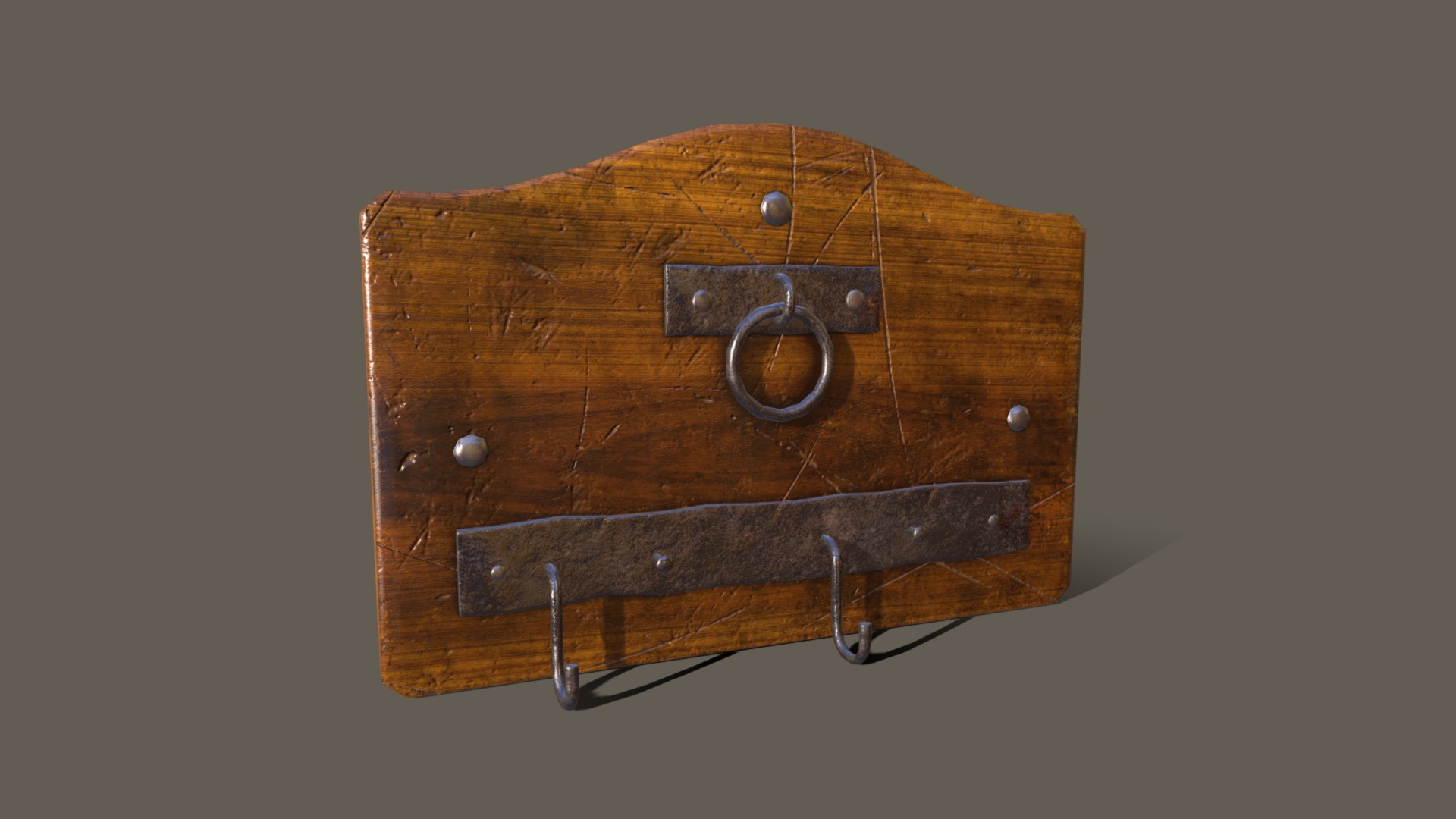 3D model Medieval Wall Rack - This is a 3D model of the Medieval Wall Rack. The 3D model is about a wooden box with a metal handle.