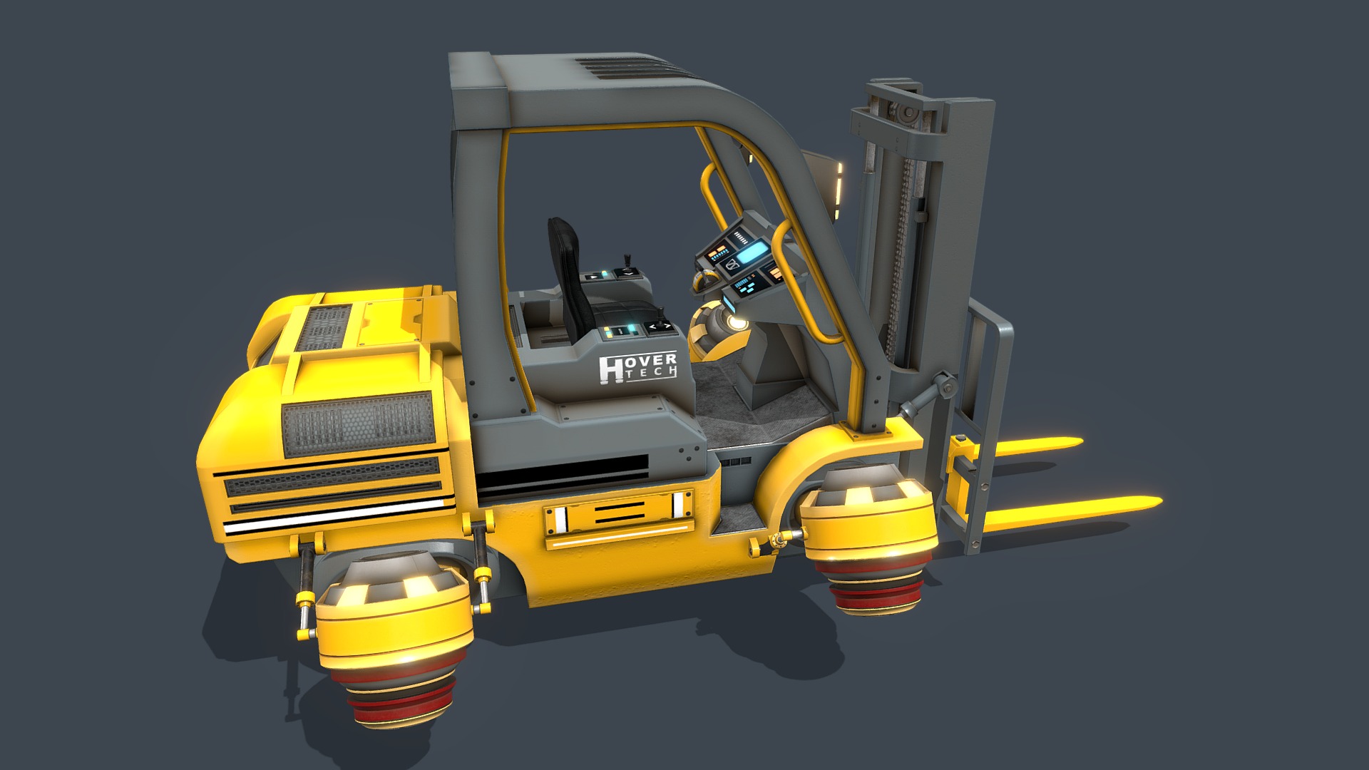 3D model Sci Fi Hover Forklift - This is a 3D model of the Sci Fi Hover Forklift. The 3D model is about a yellow and black robot.
