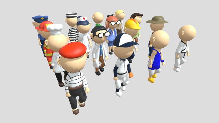 Stickman Characters in Job Costumes 3D Model
