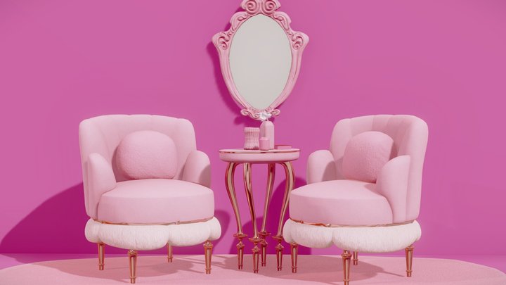 Sofa, mirror & bedside table. Barbie Pink. 3D Model
