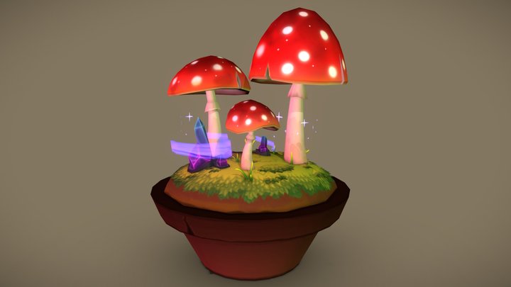 Stylized Lowpoly Mushroom Garden Diorama 3D Model