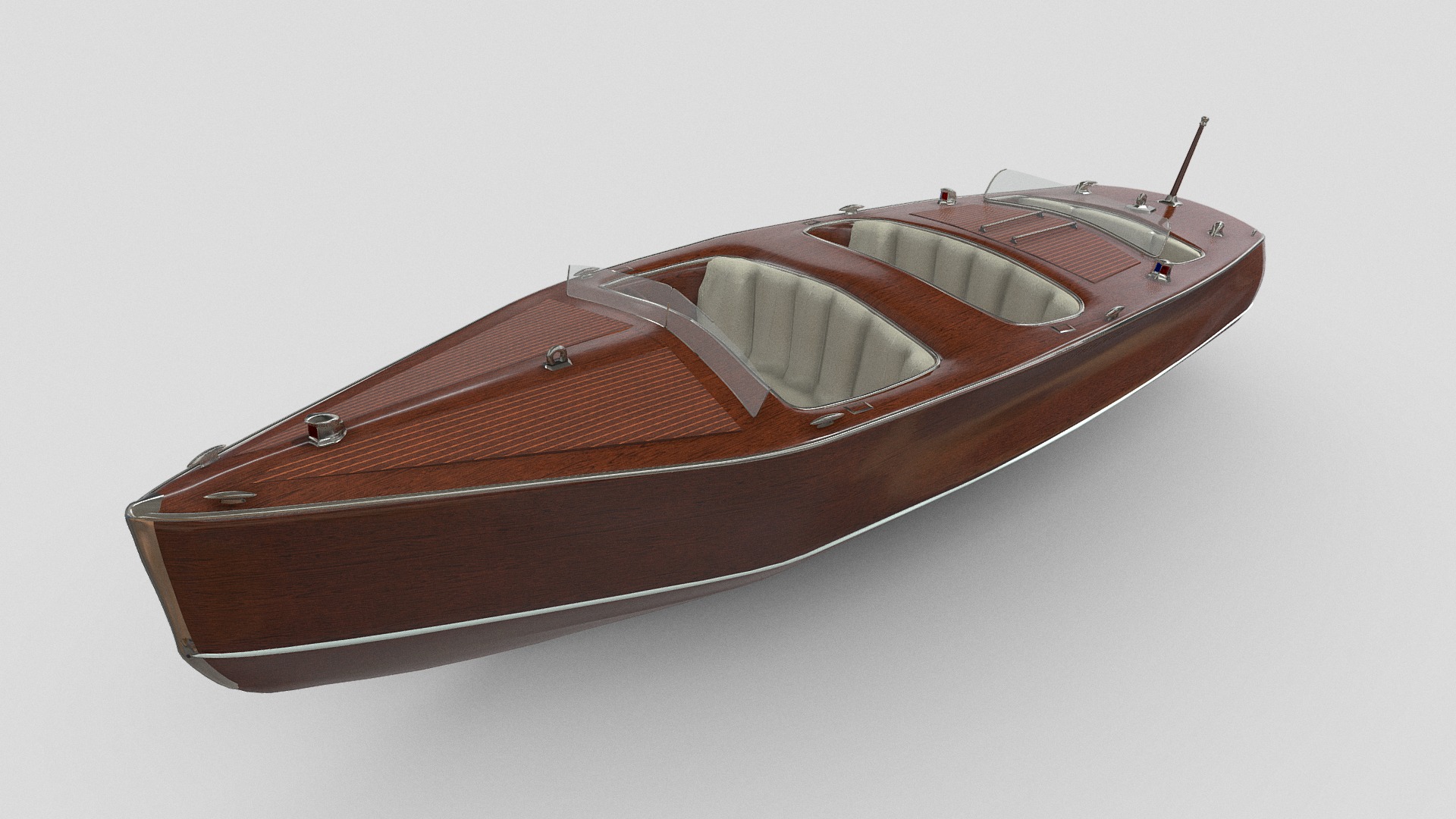 3D model Retro Wood Boat – Chriscraft – Hangerboat - This is a 3D model of the Retro Wood Boat - Chriscraft - Hangerboat. The 3D model is about a brown leather shoe.