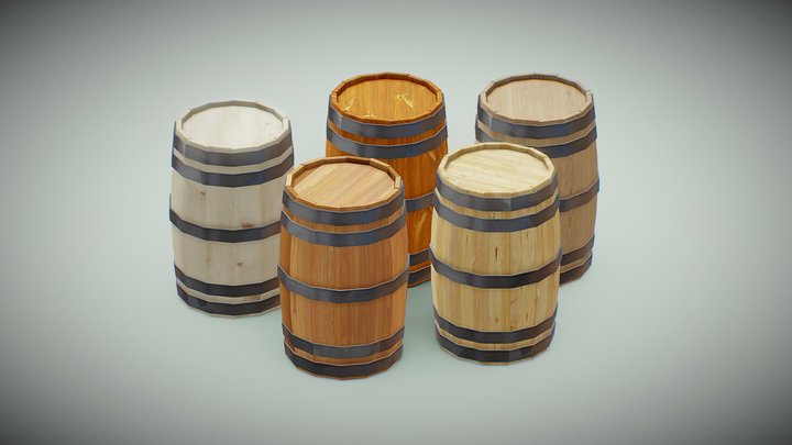 Wooden Barrels With 5 Stylized Wood Textures 3D Model