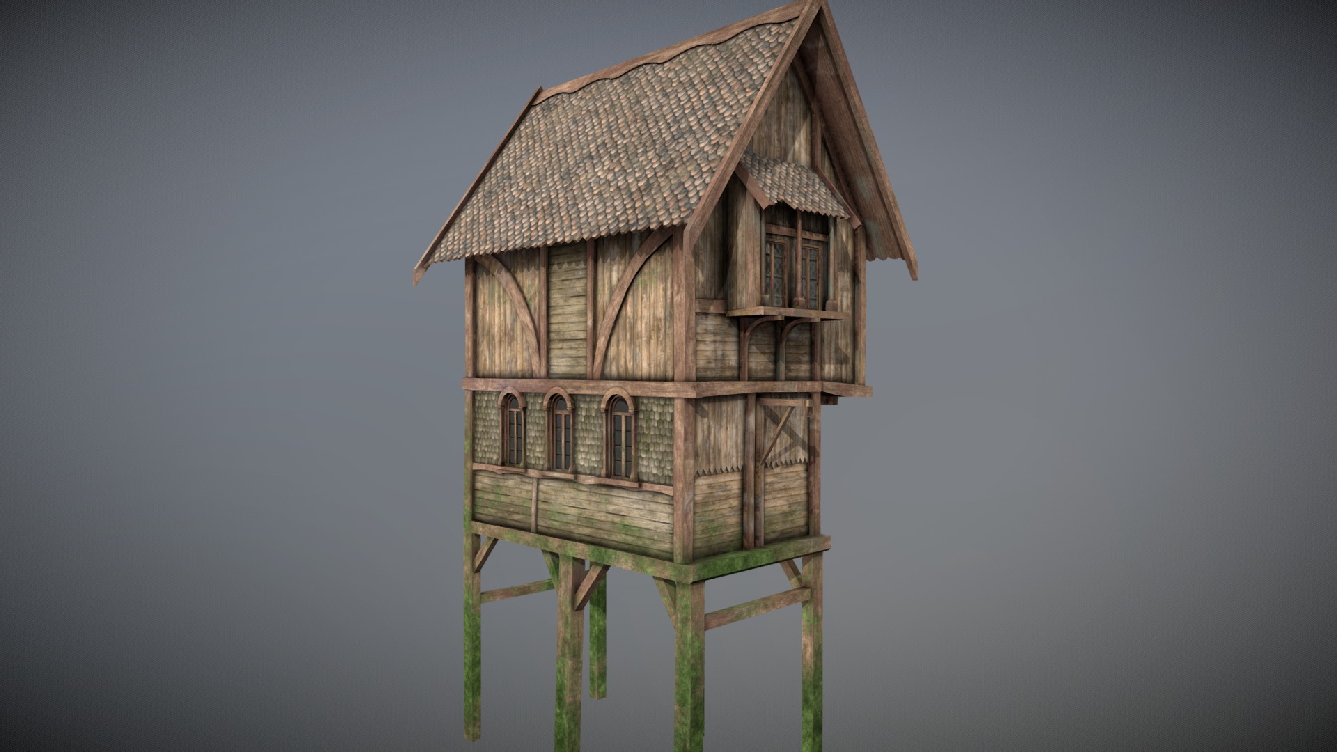 3D model Medieval Lake Village – House 11 with interiors - This is a 3D model of the Medieval Lake Village - House 11 with interiors. The 3D model is about a wooden house on a small island.