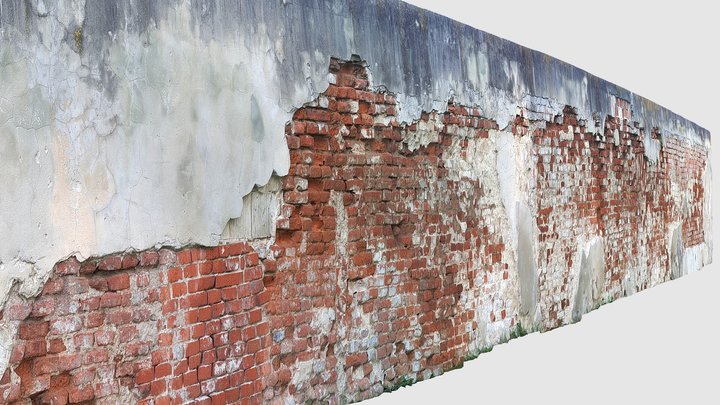 Super long brick wall with damaged plaster 3D Model