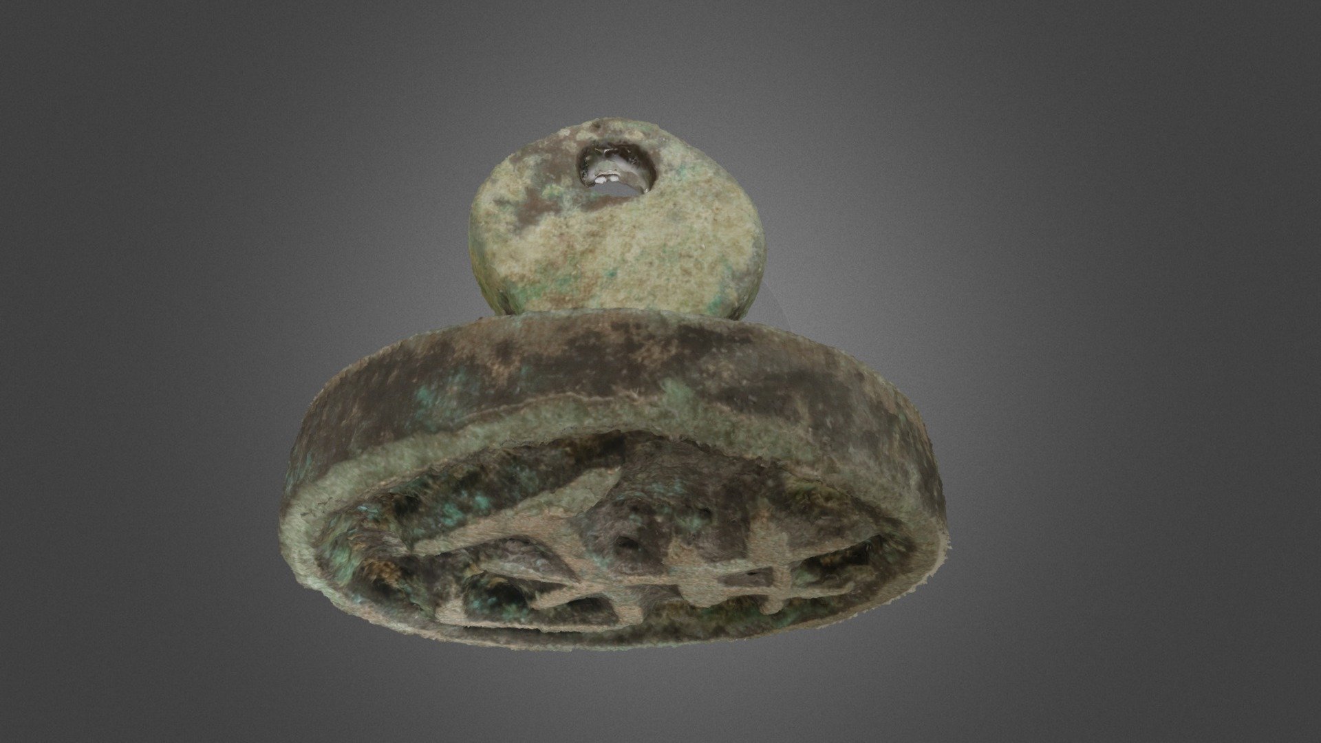 Round bronze seal with bud-shaped handle