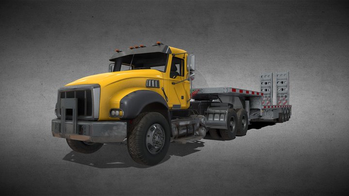 Truck with Step Deck Trailer 3D Model