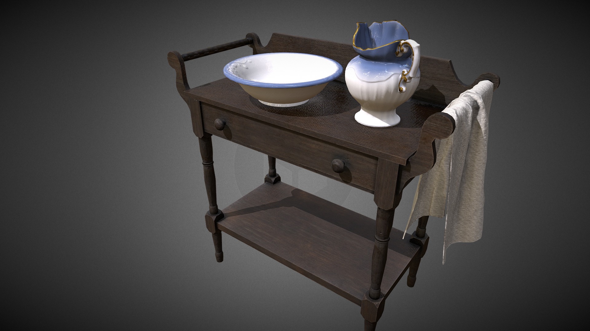 3D model Washbasin - This is a 3D model of the Washbasin. The 3D model is about a wooden table with a bowl and a teapot on it.