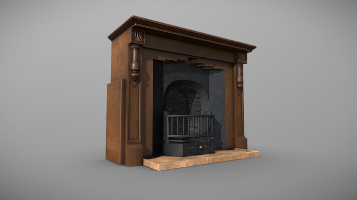 Fireplace with Wood Mantel and Metal Grate 3D Model