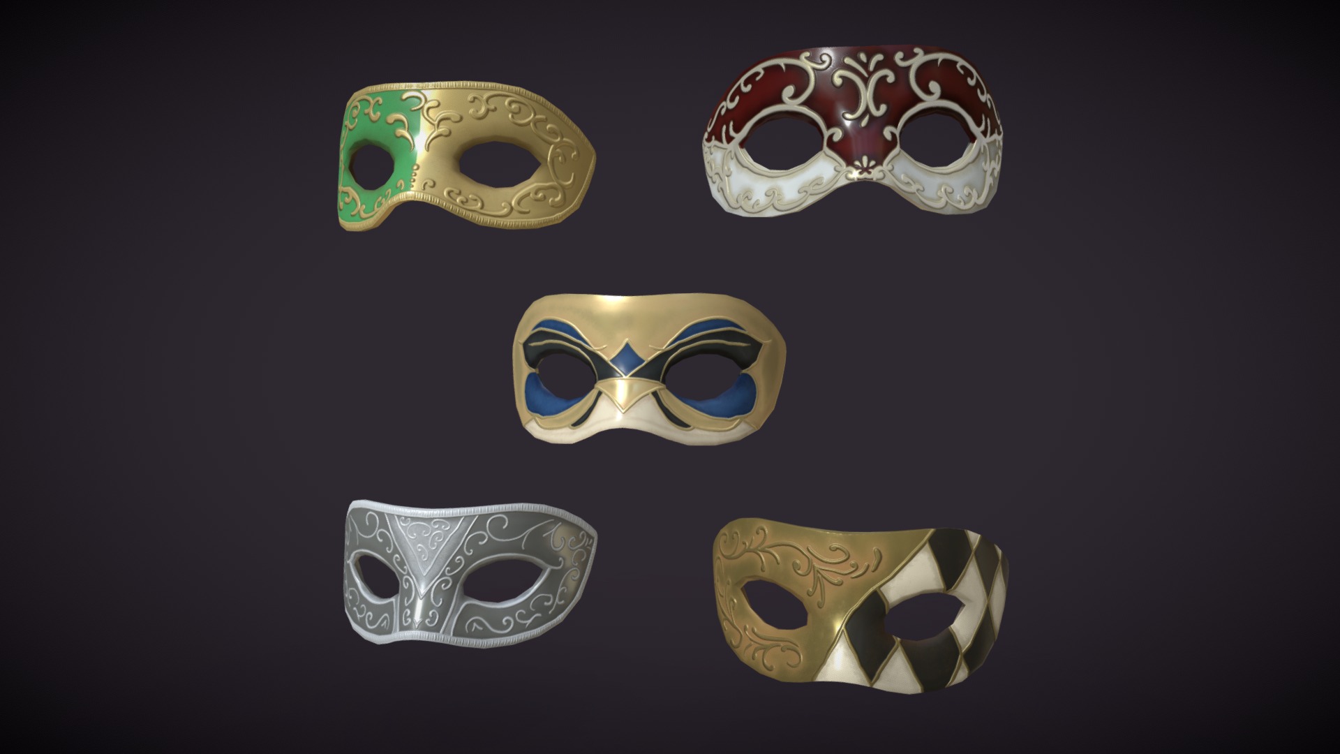 3D model 5 Venetian Party Masks - This is a 3D model of the 5 Venetian Party Masks. The 3D model is about a group of gold and silver coins.