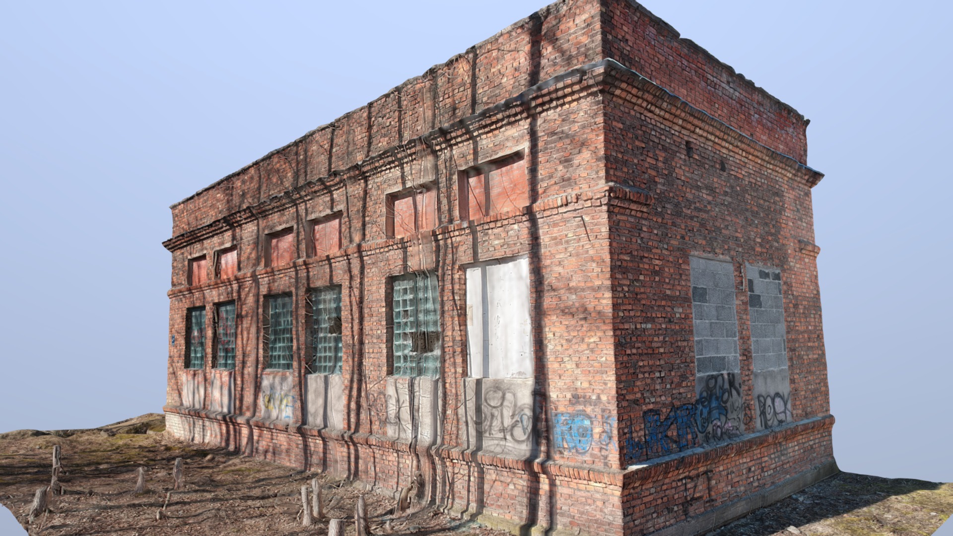 3D model Abandoned Brick Building Scan - This is a 3D model of the Abandoned Brick Building Scan. The 3D model is about a building with graffiti on it.