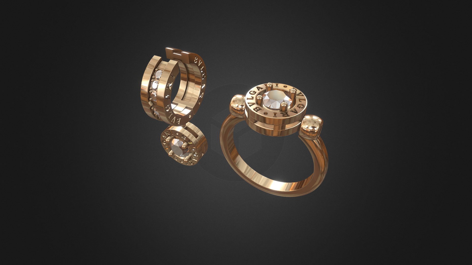 3D model 915 – Rings + Earrings - This is a 3D model of the 915 - Rings + Earrings. The 3D model is about a pair of gold rings with Gold Museum, Bogotá in the background.