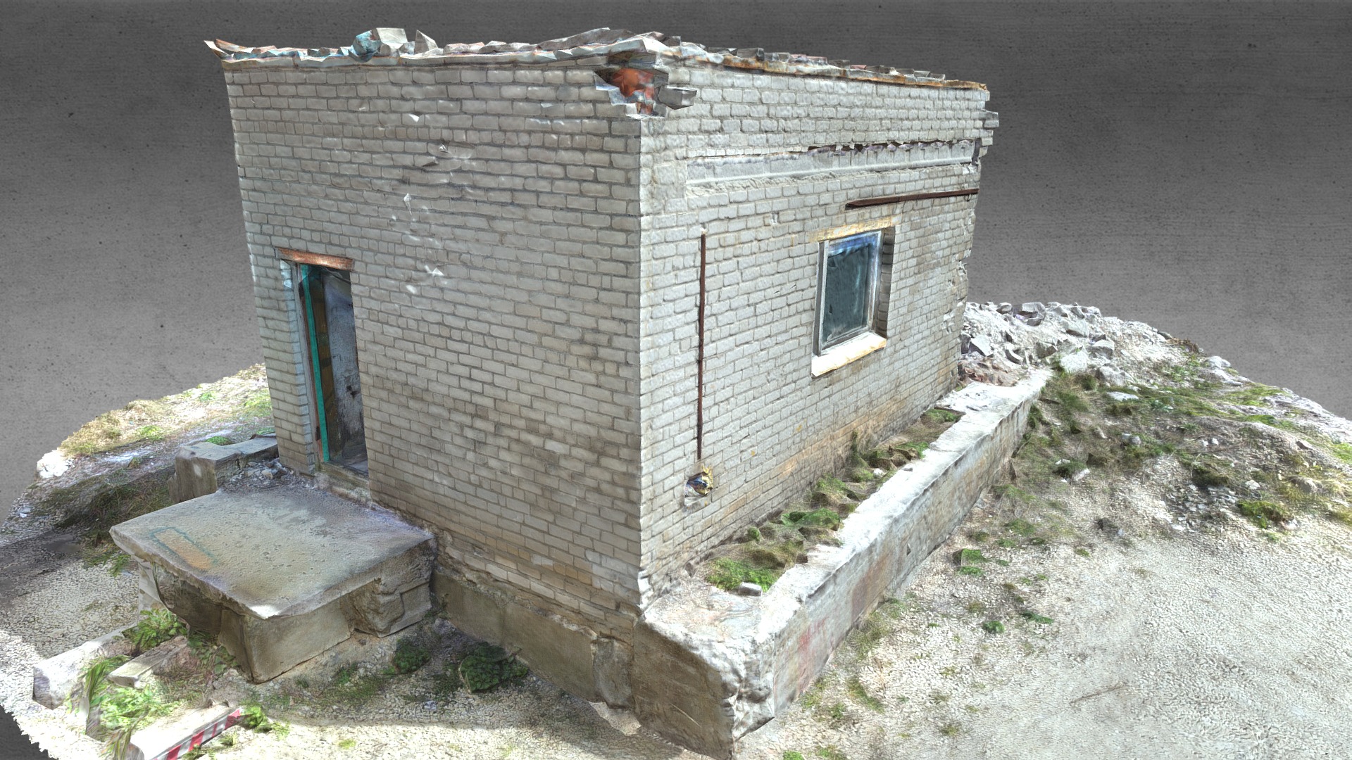 3D model Old Abandoned White Brick House - This is a 3D model of the Old Abandoned White Brick House. The 3D model is about a stone building with a bench.
