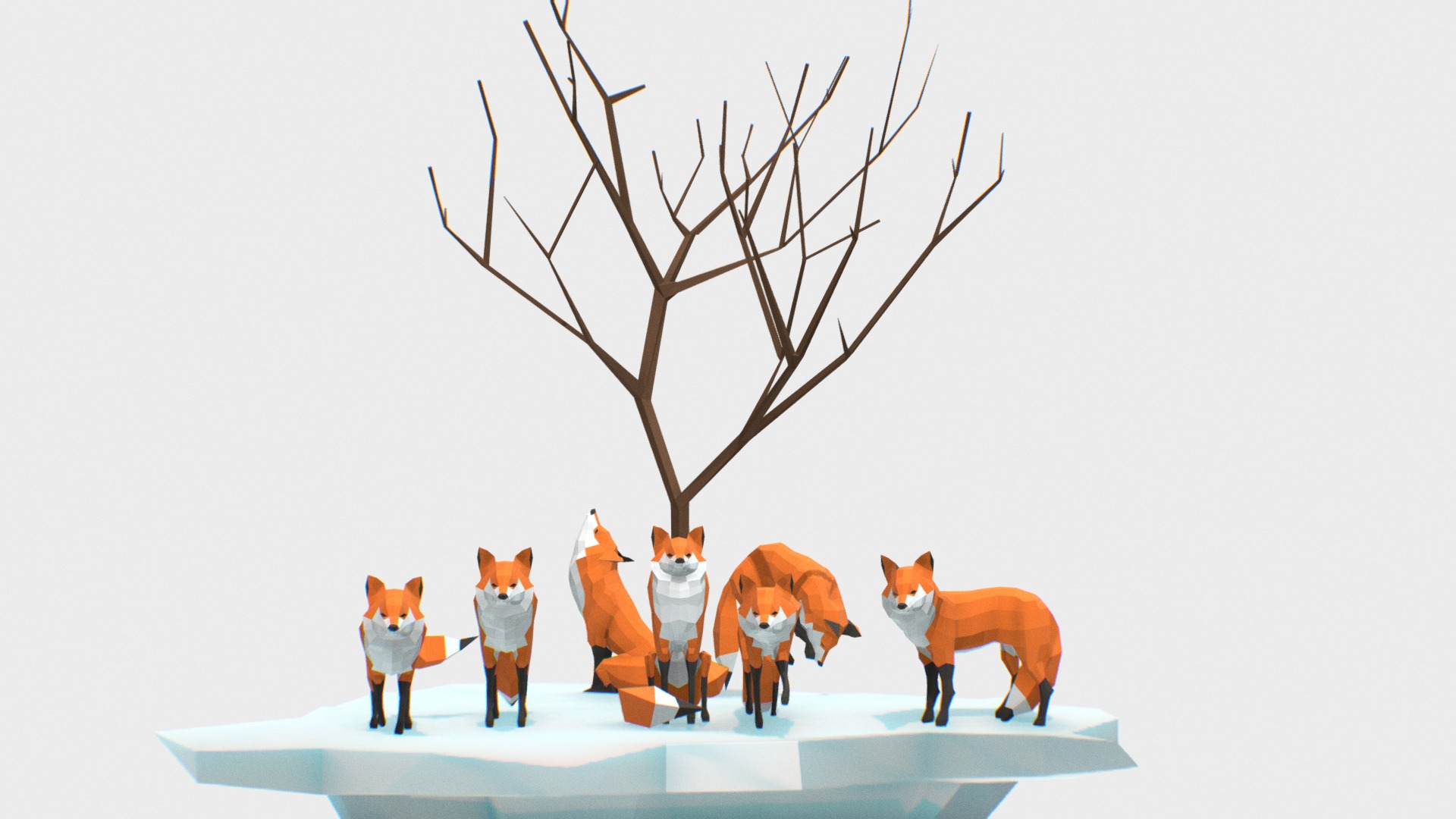 3D model Foxes - This is a 3D model of the Foxes. The 3D model is about a group of animals on a snow covered ground.