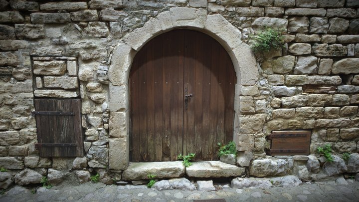 Old Brown Door And Stone Wall 3D Model