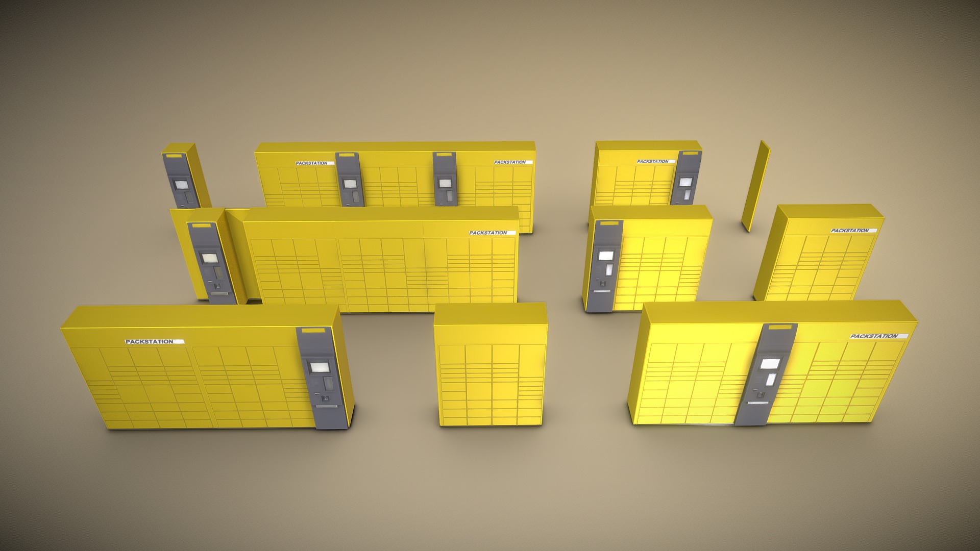 3D model Packstation Low-Poly Set - This is a 3D model of the Packstation Low-Poly Set. The 3D model is about a group of yellow and green blocks.