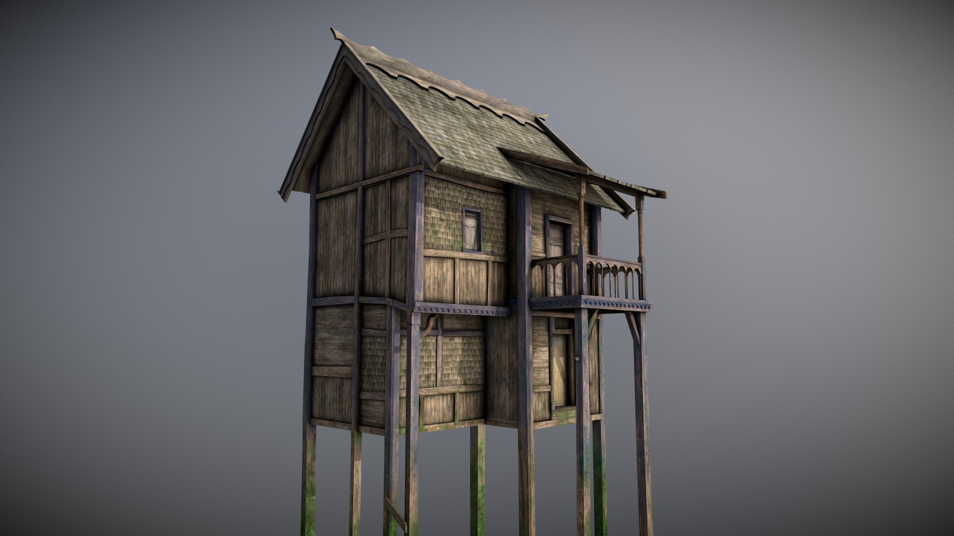 3D model Medieval lake village – House 8 - This is a 3D model of the Medieval lake village - House 8. The 3D model is about a wooden house with a window.