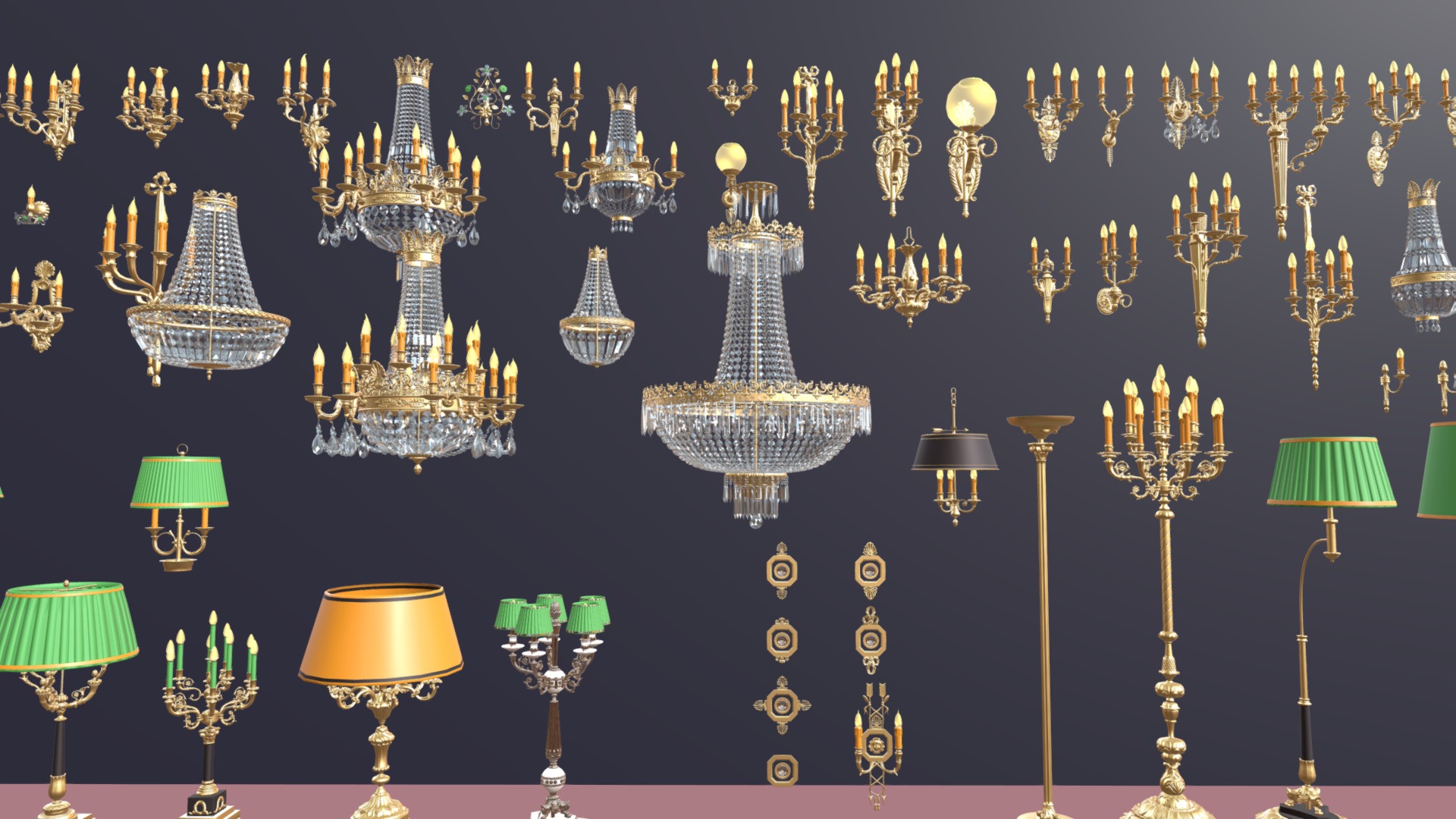 3D model Moscatelli collection (60 items) - This is a 3D model of the Moscatelli collection (60 items). The 3D model is about a wall with lamps and chandeliers.