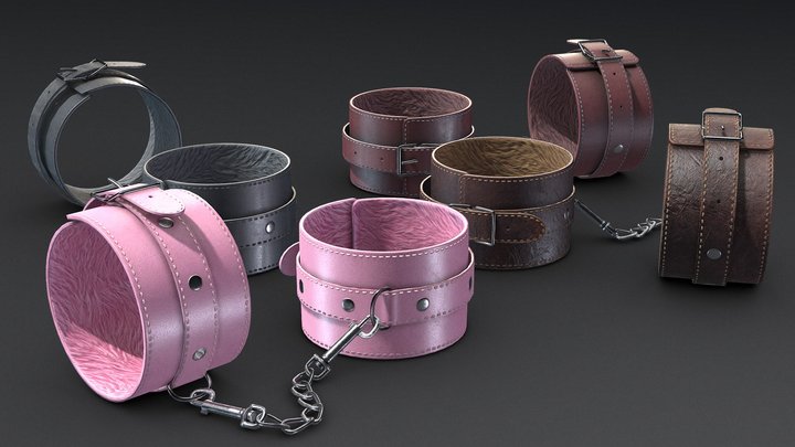 Furry leather hand cuffs - PBR VR Game Ready 3D Model