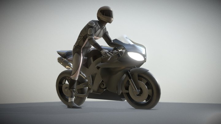 Motorbike and rigged driver with animations 3D Model