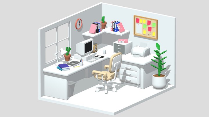 Cartoon Office Room Interior 3D Model