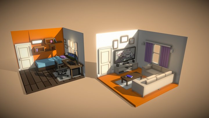 Modern living room+bedroom 3D Model