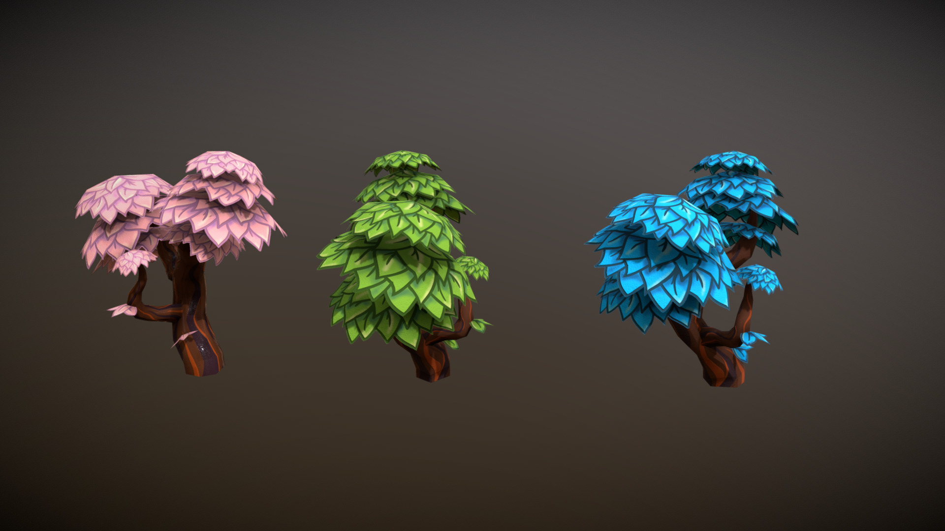 3D model Set of hand painted low poly cartoon trees