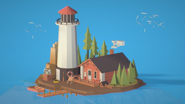 isometric island lighthouse fisherman house 3D Model