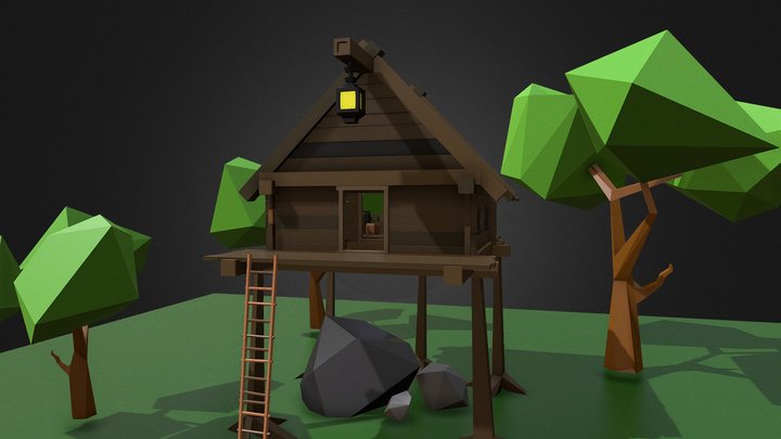 Low Poly Wood House On Trunks 3D Model